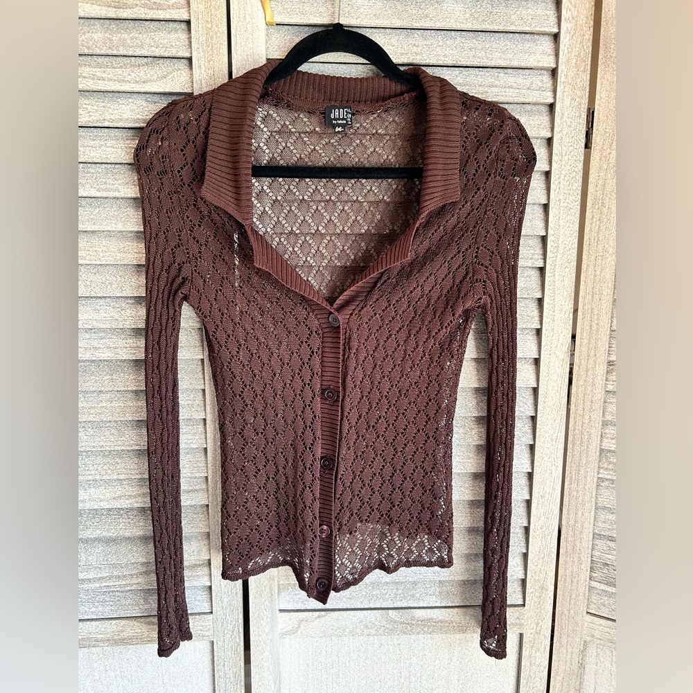 Brown JADE Lace long sleeve blouse with Collar for Women’s Misses Petites Small